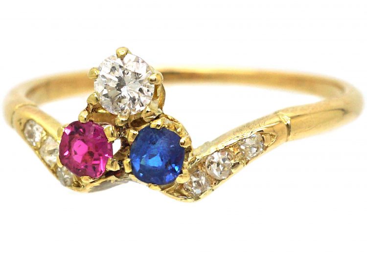 Art Nouveau 18ct Gold, Sapphire, Ruby & Diamond Ring with Diamond Set Shoulders