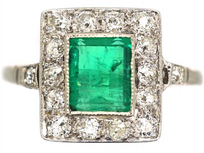 Art Deco Platinum & 18ct White Gold, Emerald & Diamond Rectangular Cluster Ring with Diamond set Shoulders