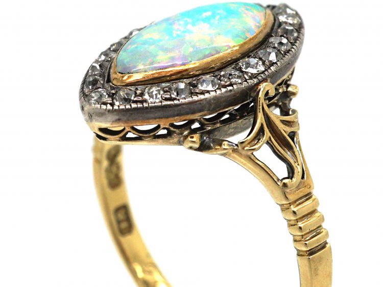 Edwardian 18ct Gold, Opal & Diamond Navette Shaped Ring by Child & Child