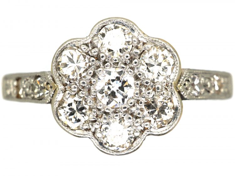 Edwardian 18ct Gold & Platinum, Diamond Cluster Ring with Diamond Set Shoulders