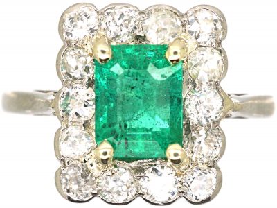 Art Deco Platinum, Emerald & Diamond Rectangular Cluster Ring