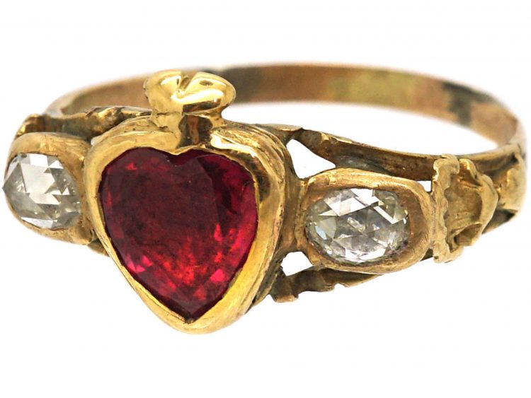 Georgian 18ct Gold, Ruby & Rose Diamond Heart Ring