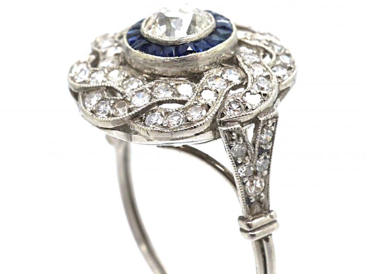 Large Art Deco Platinum, Sapphire & Diamond Target & Coil Ring