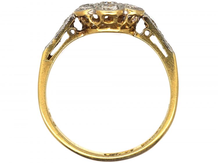 Edwardian 18ct Gold & Platinum, Diamond Cluster Ring with Diamond Set Shoulders
