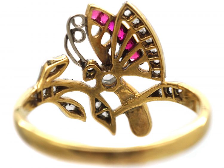 Art Nouveau 18ct Gold, Diamond & Ruby Butterfly Ring