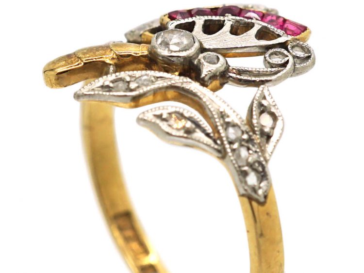 Art Nouveau 18ct Gold, Diamond & Ruby Butterfly Ring