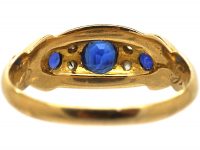 Edwardian 18ct Gold Sapphire & Diamond Three Stone Scroll Design Ring