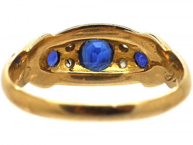 Edwardian 18ct Gold Sapphire & Diamond Three Stone Scroll Design Ring