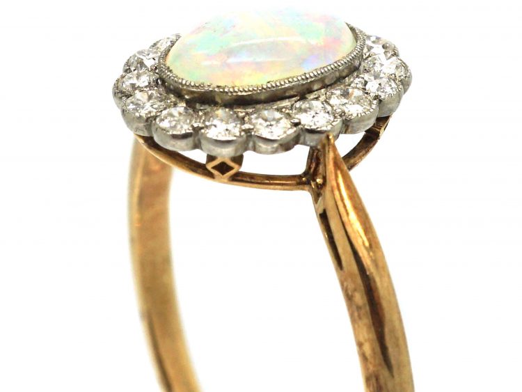 Edwardian 18ct Gold & Platinum, Opal & Diamond Oval Cluster Ring