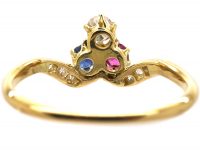 Art Nouveau 18ct Gold, Sapphire, Ruby & Diamond Ring with Diamond Set Shoulders