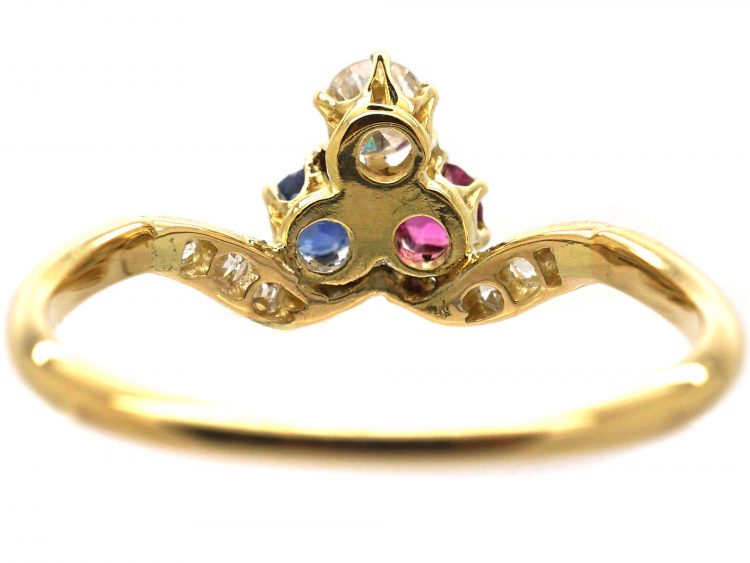 Art Nouveau 18ct Gold, Sapphire, Ruby & Diamond Ring with Diamond Set Shoulders