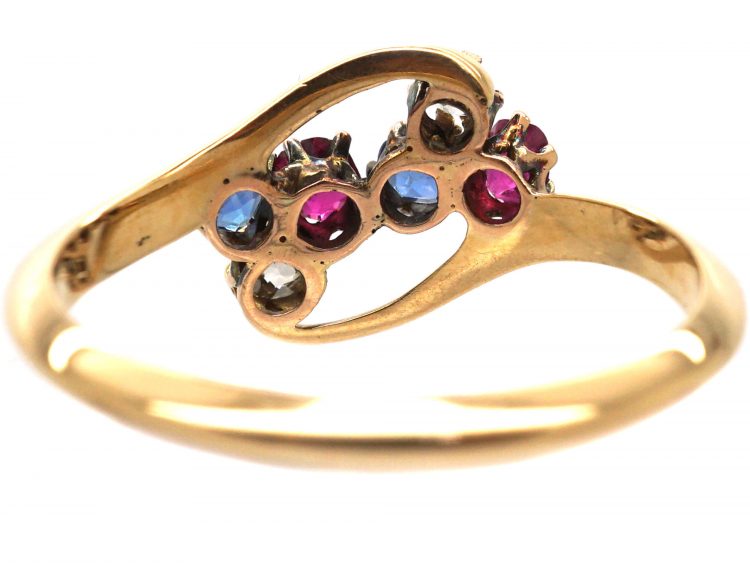 Art Nouveau 18ct Gold, Ruby, Diamond & Sapphire Double Shamrock Ring