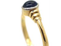 18ct Gold Sapphire Cabochon Single Stone Ring With Vertical Grooved Shoulders