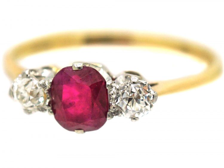 Art Deco 18ct Gold, Ruby & Diamond Three Stone Ring