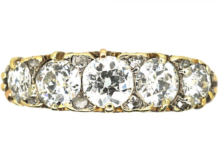 Victorian 18ct Gold, Five Stone Diamond Carved Half Hoop Ring