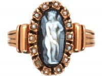 Victorian 14ct Gold Ring with Carved Sardonyx Angel in a Natural Split Pearl Surround