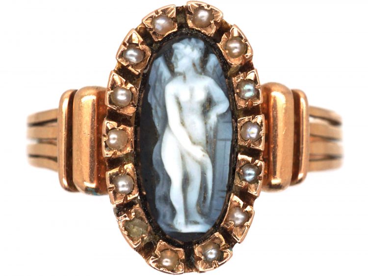 Victorian 14ct Gold Ring with Carved Sardonyx Angel in a Natural Split Pearl Surround