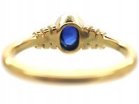 18ct Gold Sapphire Cabochon Single Stone Ring With Vertical Grooved Shoulders