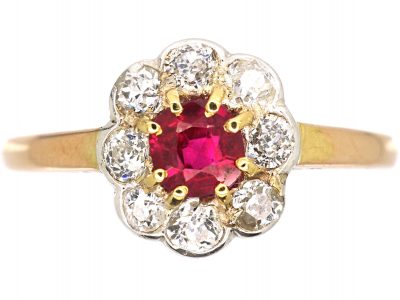 Edwardian 18ct Gold, Ruby & Diamond Cluster Ring