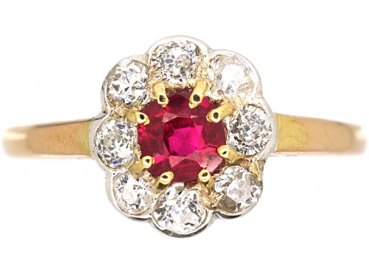 Edwardian 18ct Gold, Ruby & Diamond Cluster Ring