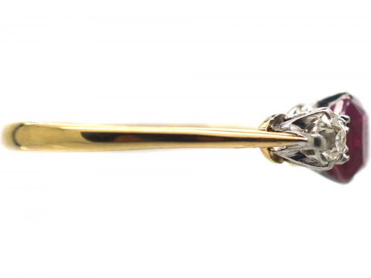 Art Deco 18ct Gold, Ruby & Diamond Three Stone Ring