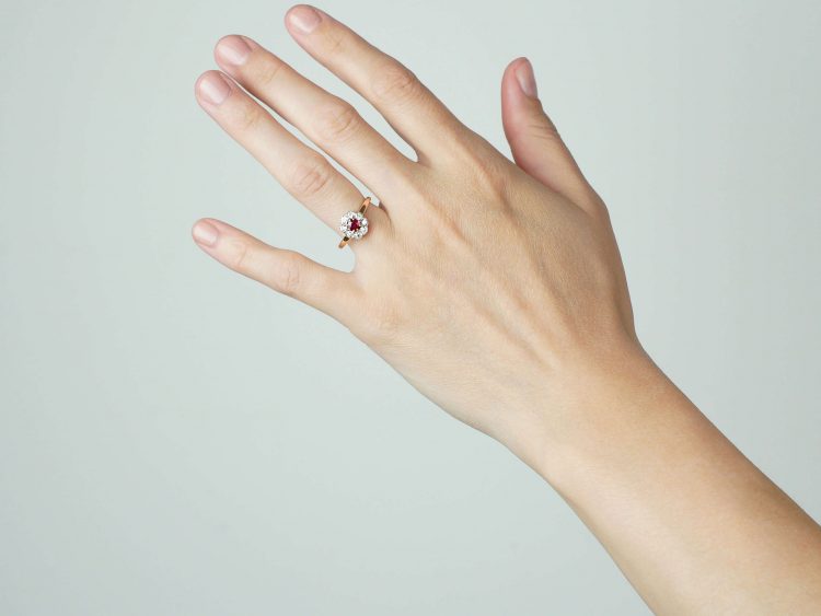 Edwardian 18ct Gold, Ruby & Diamond Cluster Ring