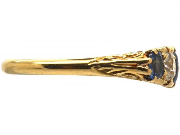Edwardian 18ct Gold, Five Stone Sapphire & Diamond Carved Half Hoop Ring