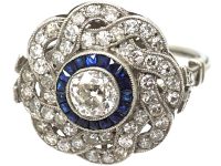 Large Art Deco Platinum, Sapphire & Diamond Target & Coil Ring