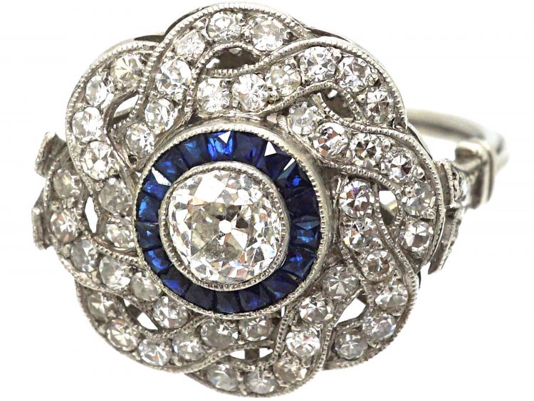 Large Art Deco Platinum, Sapphire & Diamond Target & Coil Ring