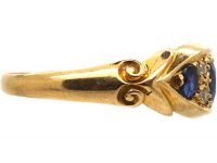 Edwardian 18ct Gold Sapphire & Diamond Three Stone Scroll Design Ring