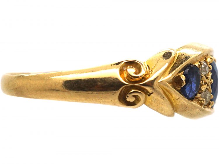 Edwardian 18ct Gold Sapphire & Diamond Three Stone Scroll Design Ring