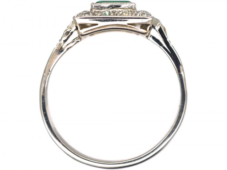 Art Deco Platinum & 18ct White Gold, Emerald & Diamond Rectangular Cluster Ring with Diamond set Shoulders