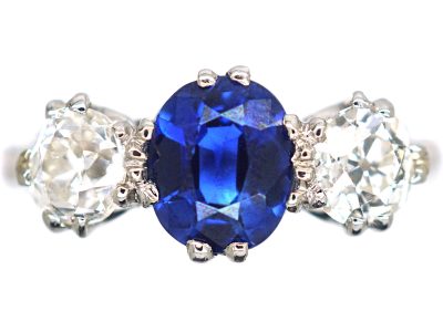 Art Deco 18ct White Gold, Sapphire & Diamond Three Stone Ring