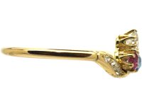 Art Nouveau 18ct Gold, Sapphire, Ruby & Diamond Ring with Diamond Set Shoulders