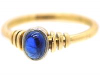 18ct Gold Sapphire Cabochon Single Stone Ring With Vertical Grooved Shoulders