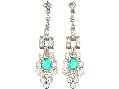 Art Deco 18ct Gold, Emerald & Diamond Drop Earrings
