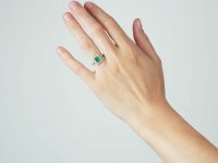 Art Deco Platinum & 18ct White Gold, Emerald & Diamond Rectangular Cluster Ring with Diamond set Shoulders
