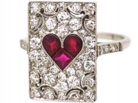 Art Deco Platinum, Diamond & Ruby Rectangular Shaped Ace of Hearts Ring