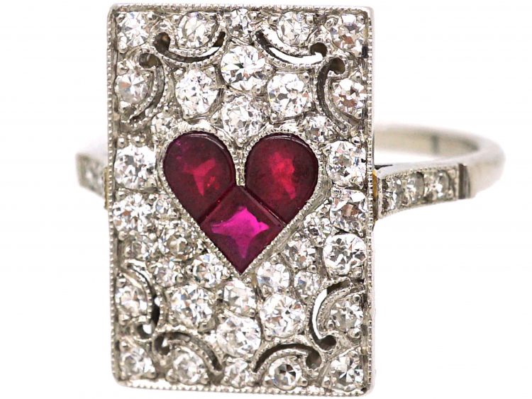 Art Deco Platinum, Diamond & Ruby Rectangular Shaped Ace of Hearts Ring