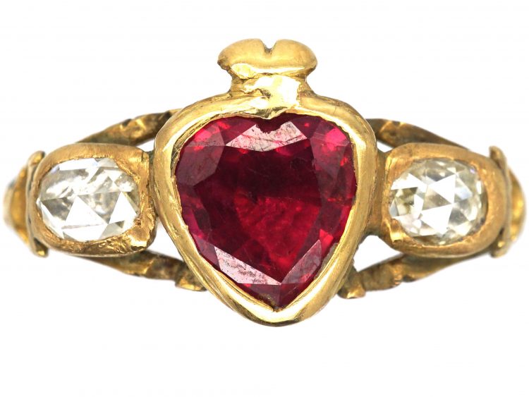 Georgian 18ct Gold, Ruby & Rose Diamond Heart Ring