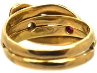 Edwardian 18ct Gold Double Snake Ring set a Ruby & a Diamond