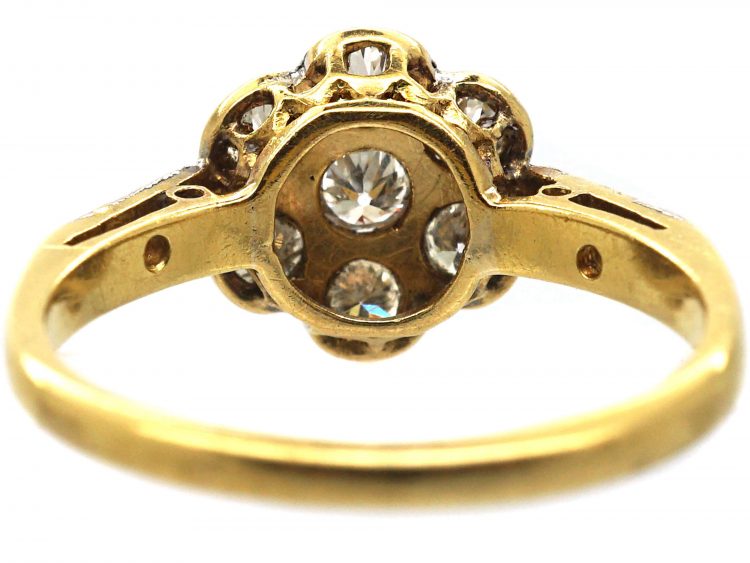 Edwardian 18ct Gold & Platinum, Diamond Cluster Ring with Diamond Set Shoulders