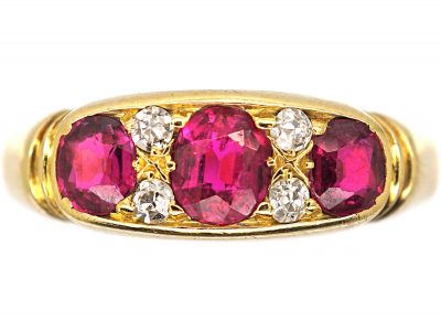 Edwardian 18ct Gold, Ruby & Diamond Three Stone Ring by Deakin & Frances