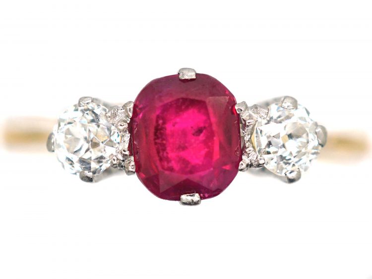 Art Deco 18ct Gold, Ruby & Diamond Three Stone Ring