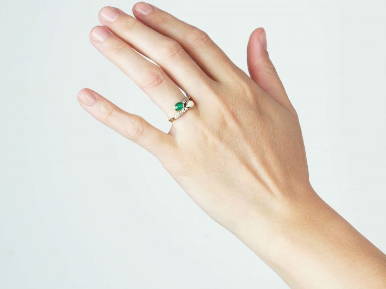 Edwardian 18ct Gold, Cabochon Emerald & Opal Crossover Ring With Diamonds Shoulders