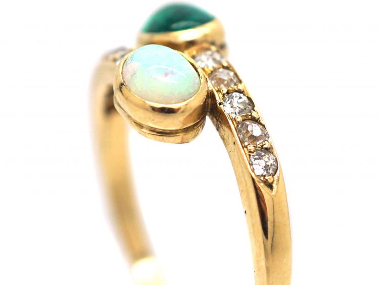 Edwardian 18ct Gold, Cabochon Emerald & Opal Crossover Ring With Diamonds Shoulders
