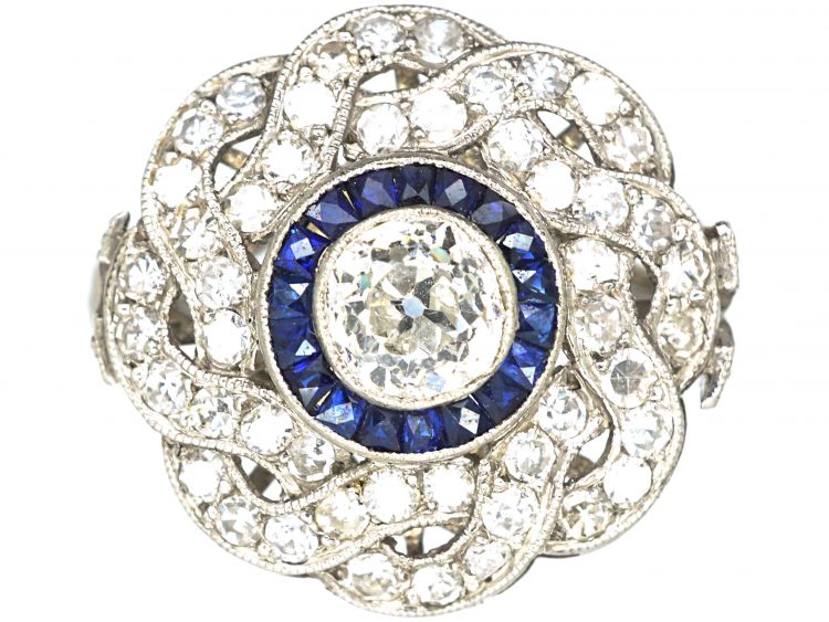 Large Art Deco Platinum, Sapphire & Diamond Target & Coil Ring