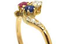 Art Nouveau 18ct Gold, Sapphire, Ruby & Diamond Ring with Diamond Set Shoulders