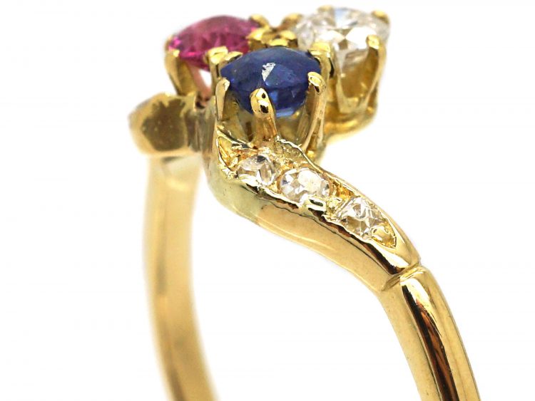 Art Nouveau 18ct Gold, Sapphire, Ruby & Diamond Ring with Diamond Set Shoulders