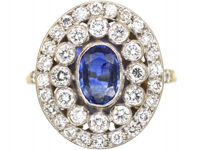 Art Deco 18ct Gold & Platinum, Sapphire & Diamond Oval Cluster Ring